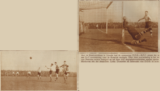 874233 Collage van 2 foto's betreffende de voetbalwedstrijd tussen D.O.S. (Utrecht) en B.F.C. (Bussum), op het ...